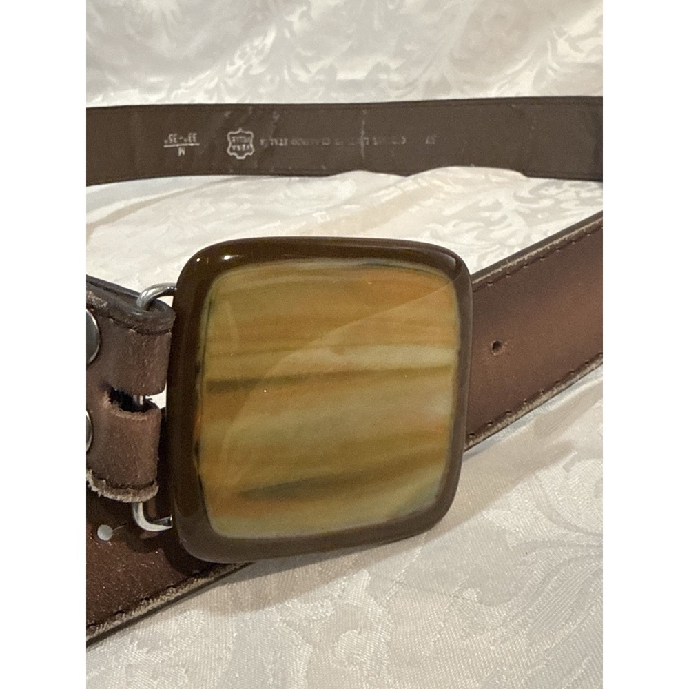 Vera‎ Pelle M 33" 35" brown leather belt stone-like inlay buckle 8petals - Picture 2 of 9